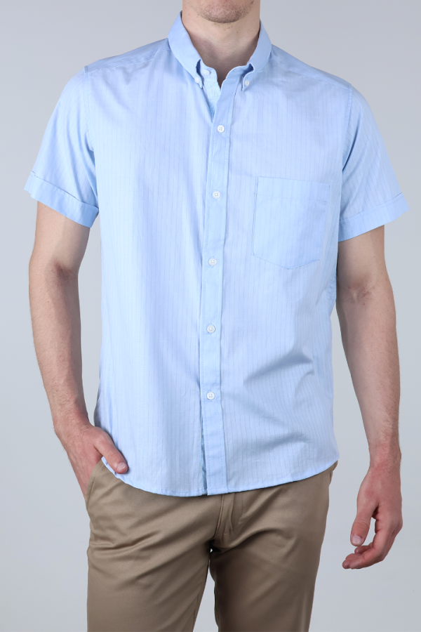 Camisa Manga Corta Corte Recto de Algodón Hombre Y Bolsillo Azul Cielo